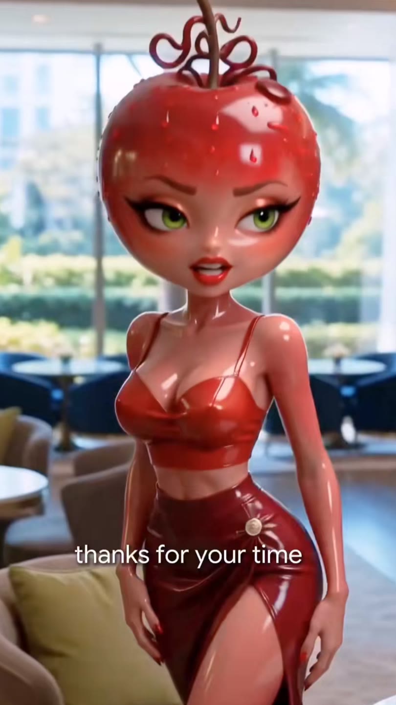 A glossy cherry character in a red dress in a hotel lobby, captioned “thanks for your time”.
