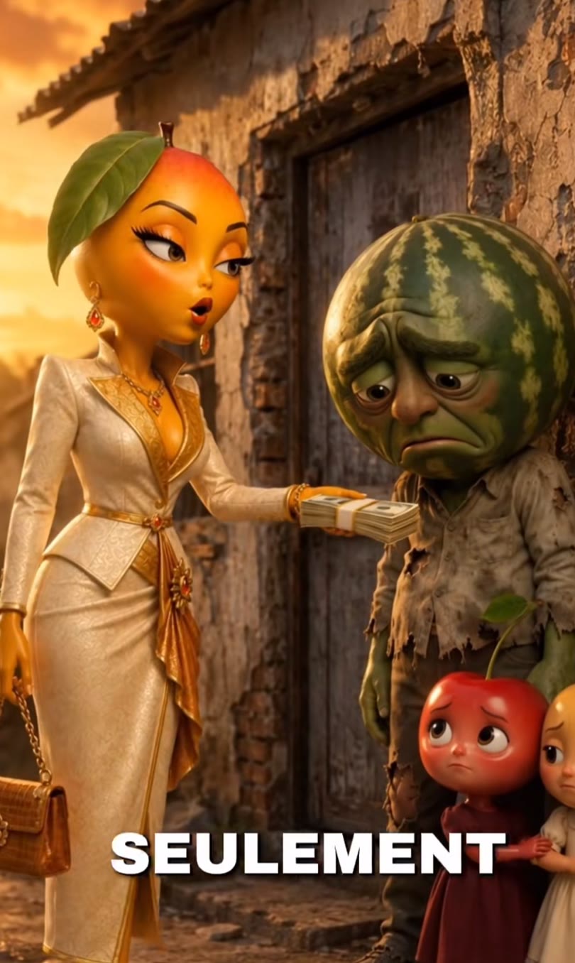 A wealthy character handing money to a poor father while two small children watch, captioned “SEULEMENT”.
